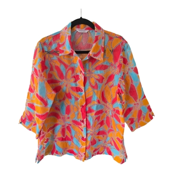 Allison Daley Womens Floral Shirt Sz L Mixed Print Button Up Short Sleeve Boho - Picture 1 of 9